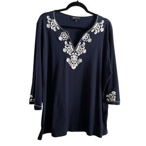 Jones New York Women Plus 2X Navy Blue White Embroidered 3/4 Sleeve Tunic Top